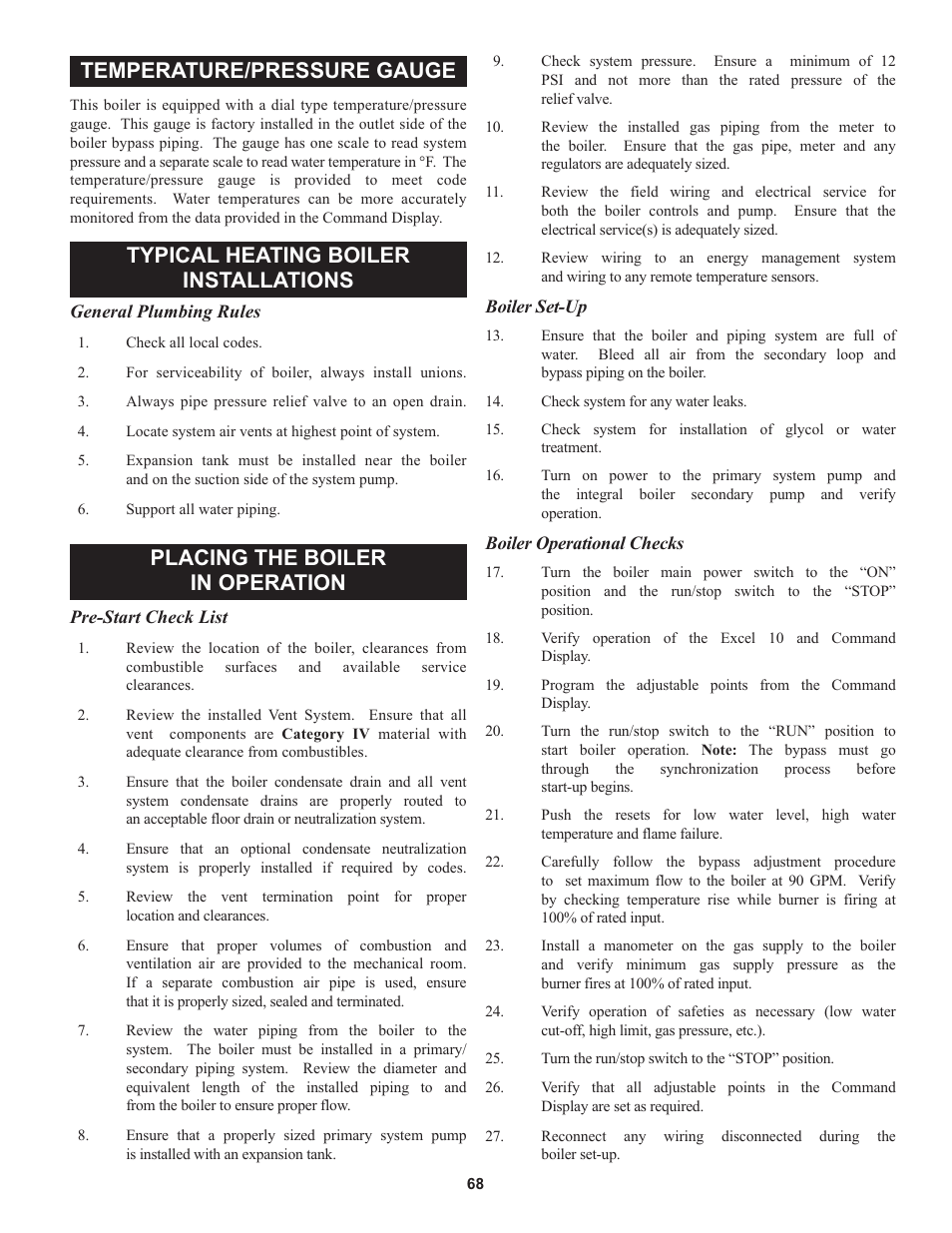 Temperature/pressure gauge, Typical heating boiler installations, Placing the boiler in operation | Lochinvar 000 through 2 User Manual | Page 68 / 80