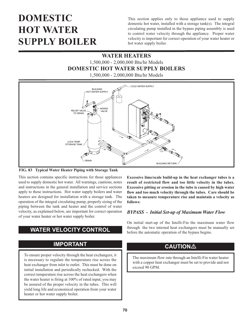 Domestic hot water supply boiler, Water heaters, Domestic hot water supply boilers | Water velocity control, Important, Caution ƽ | Lochinvar 000 through 2 User Manual | Page 70 / 80