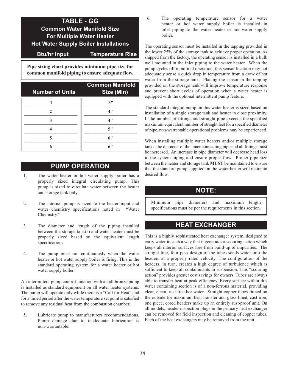 Table - gg, Pump operation, Heat exchanger | Lochinvar 000 through 2 User Manual | Page 74 / 80