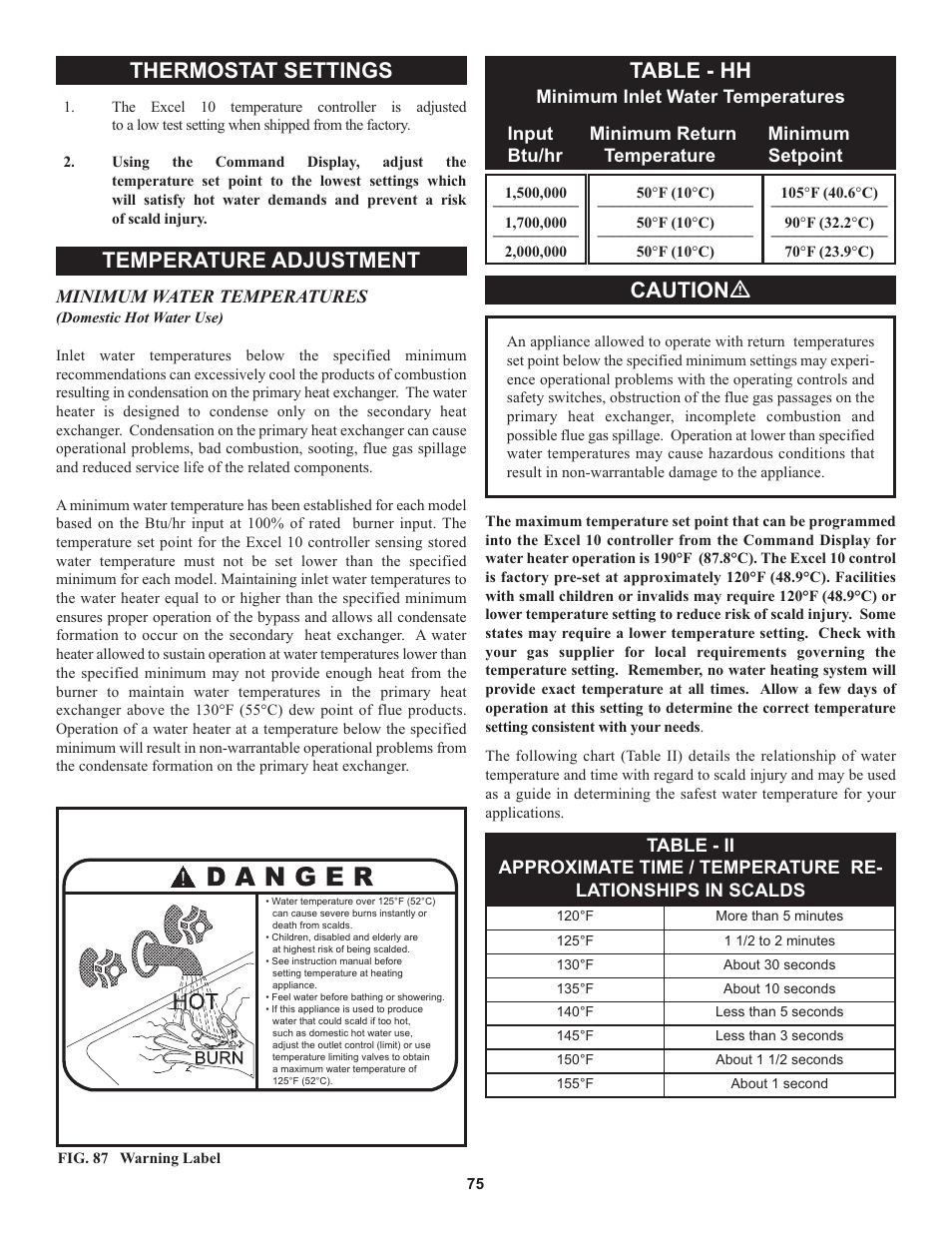 Thermostat settings, Temperature adjustment, Table - hh | Caution ƽ | Lochinvar 000 through 2 User Manual | Page 75 / 80