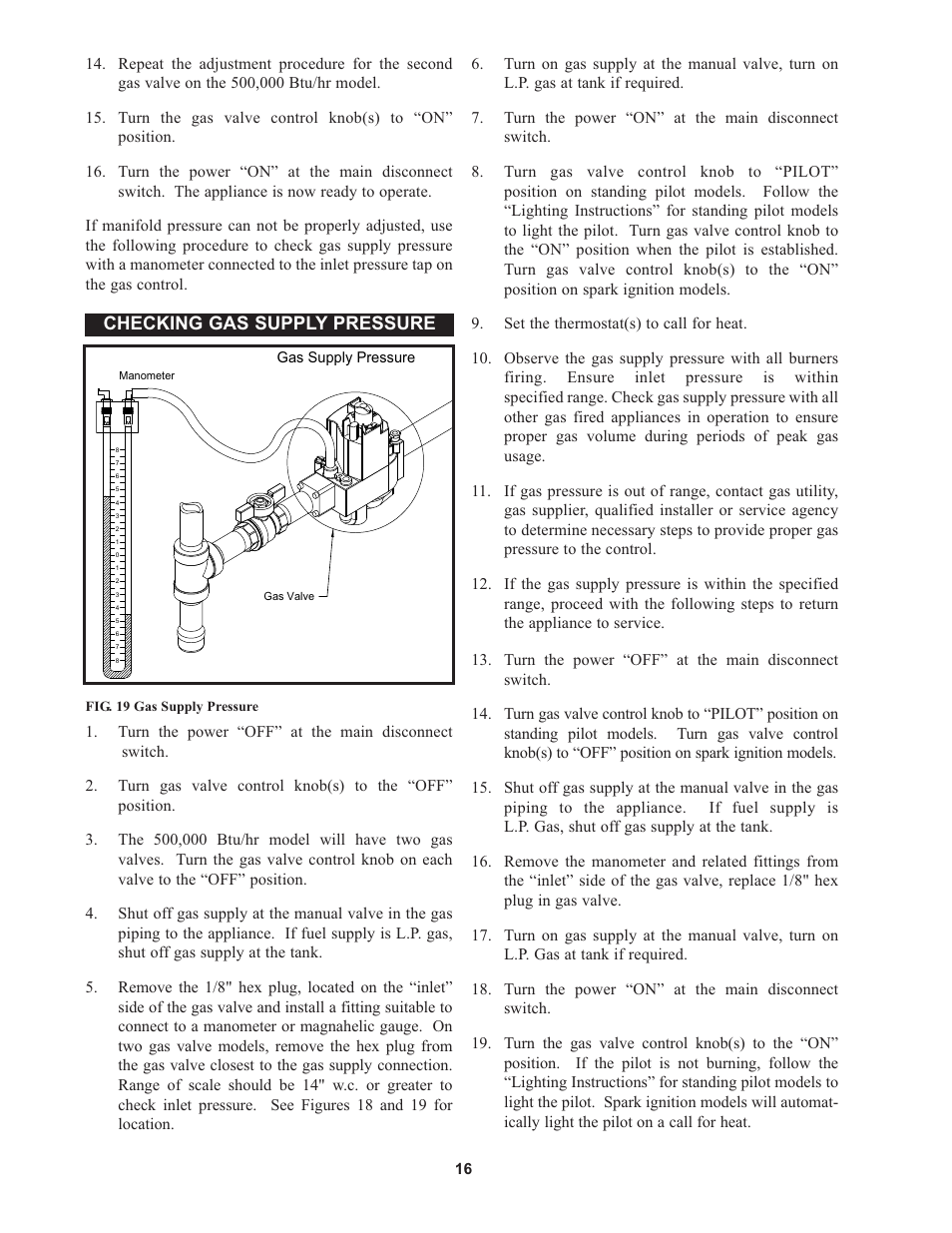 Checking gas supply pressure | Lochinvar 000 - 500 User Manual | Page 16 / 52