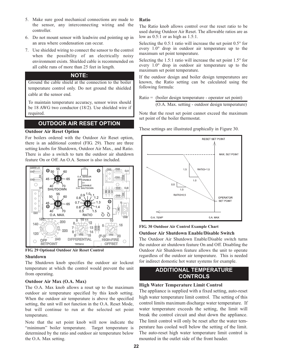 Outdoor air reset option, Shutdown, Outdoor air max (o.a. max) | Ratio, Outdoor air shutdown enable/disable switch, Fig. 29 optional outdoor air reset control, Fig. 30 outdoor air control example chart | Lochinvar 000 - 500 User Manual | Page 22 / 52