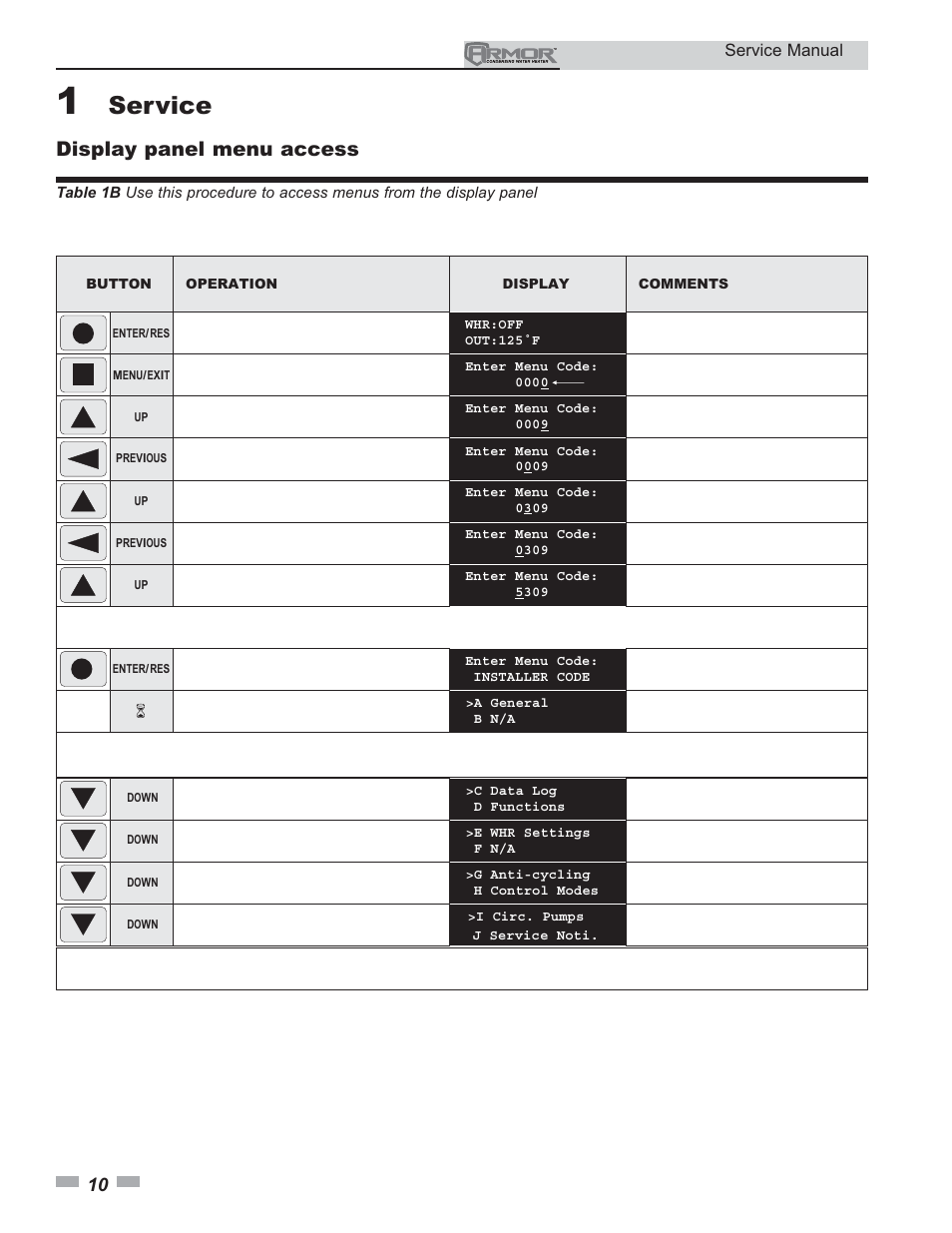 Service, Display panel menu access, Service manual | Lochinvar ARMOR 150 - 800 User Manual | Page 10 / 36