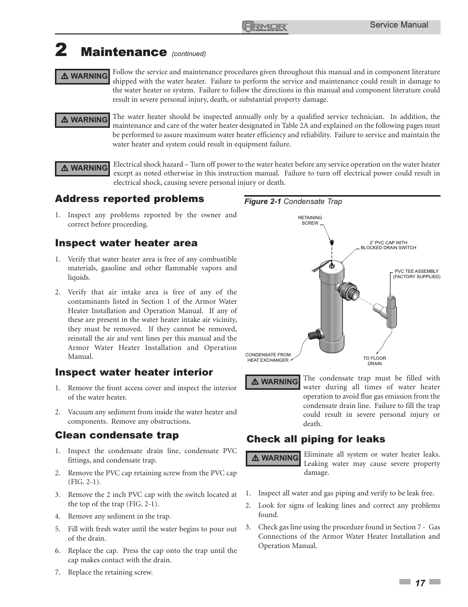 Maintenance, Address reported problems, Inspect water heater area | Inspect water heater interior, Clean condensate trap, Check all piping for leaks | Lochinvar ARMOR 150 - 800 User Manual | Page 17 / 36