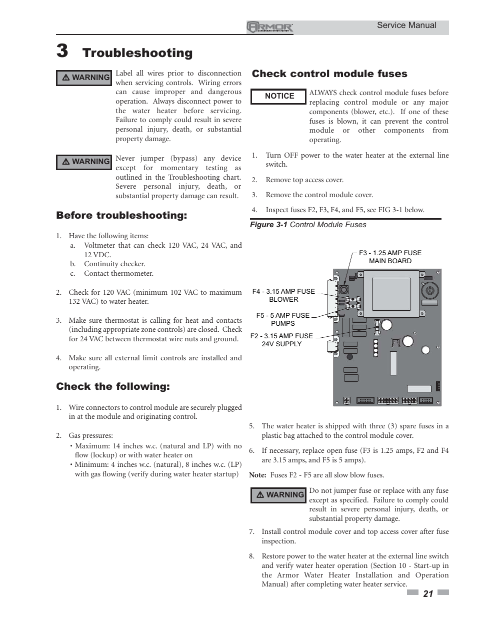 Troubleshooting, Before troubleshooting, Check the following | Check control module fuses | Lochinvar ARMOR 150 - 800 User Manual | Page 21 / 36