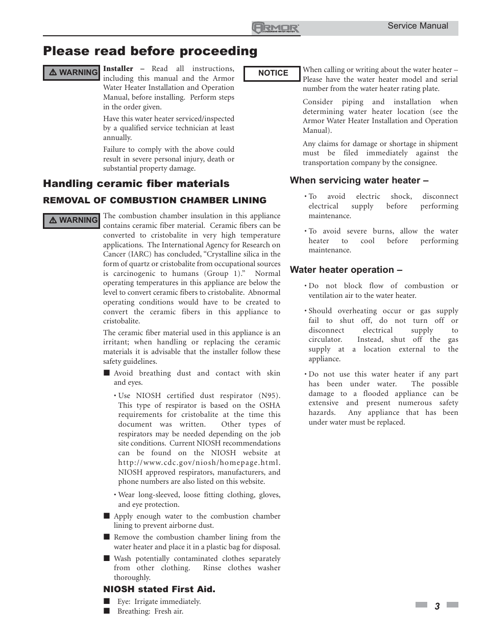 Please read before proceeding, Handling ceramic fiber materials | Lochinvar ARMOR 150 - 800 User Manual | Page 3 / 36