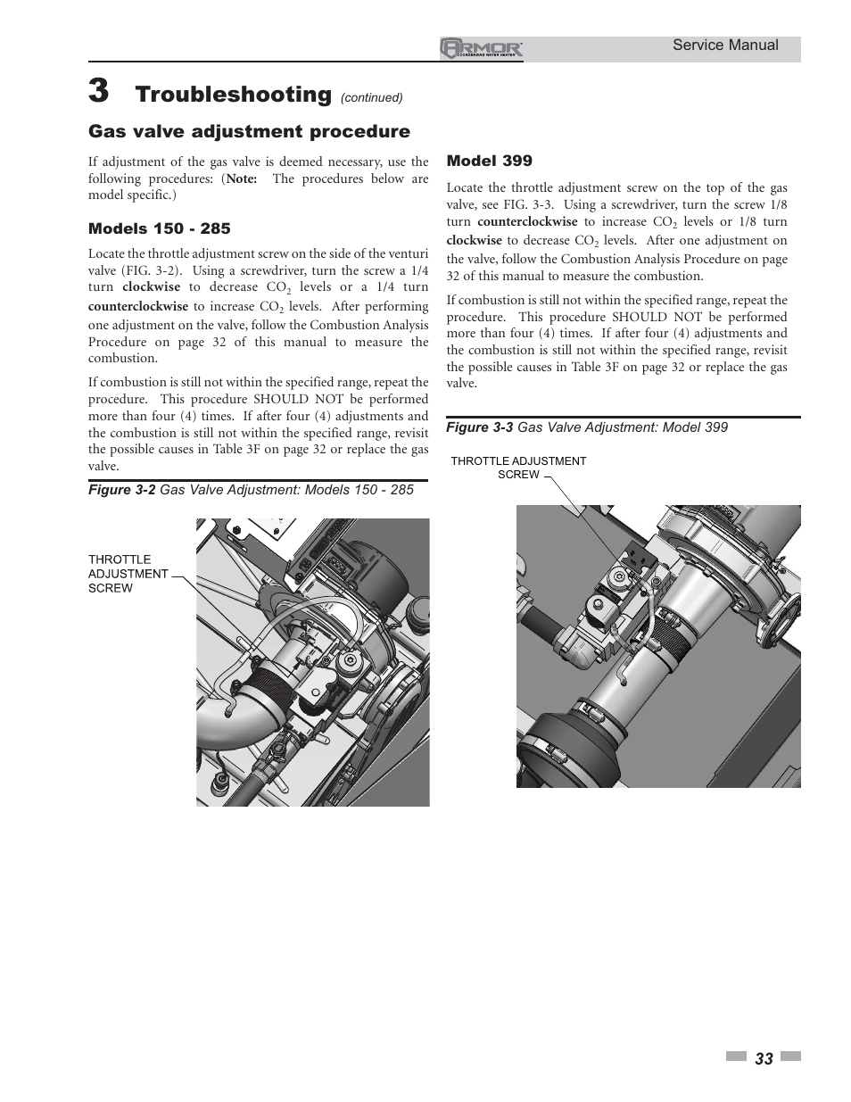 Troubleshooting, Gas valve adjustment procedure | Lochinvar ARMOR 150 - 800 User Manual | Page 33 / 36