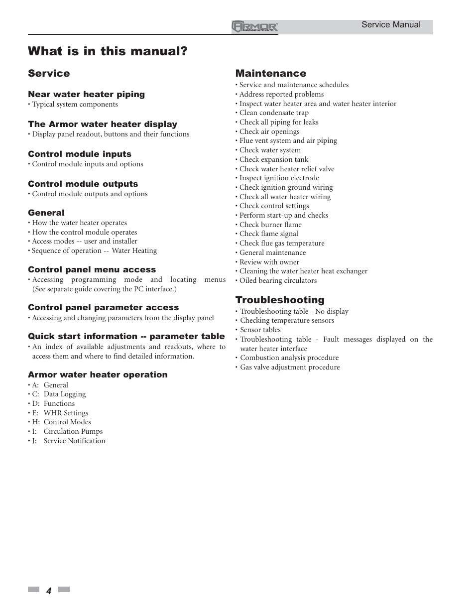 What is in this manual | Lochinvar ARMOR 150 - 800 User Manual | Page 4 / 36