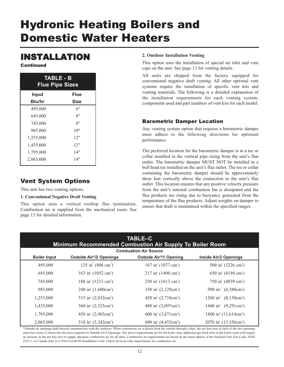 Installation, Vent system options, Barometric damper location | Lochinvar 000 - 2 User Manual | Page 12 / 52