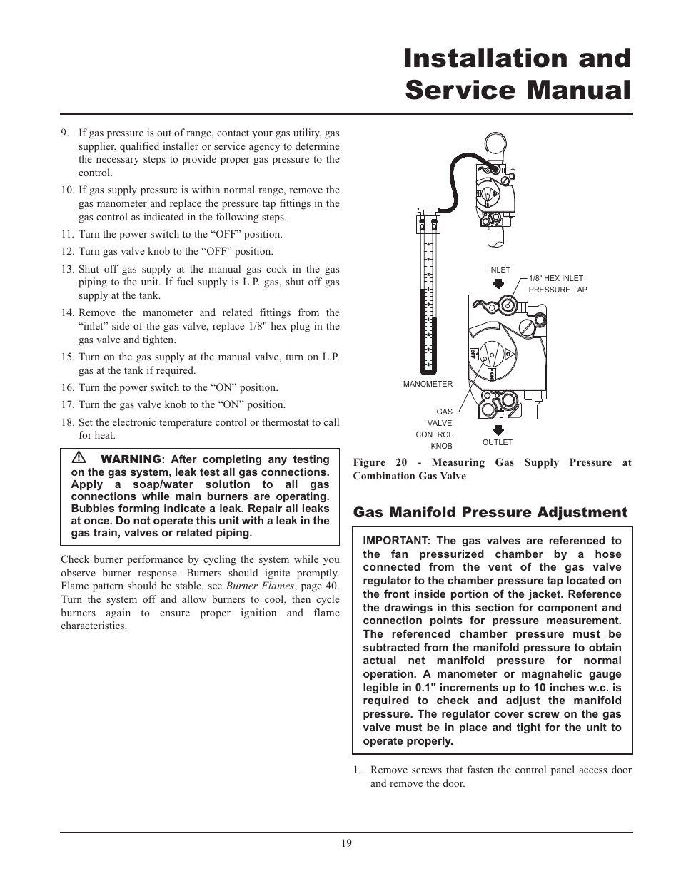 Installation and service manual, Gas manifold pressure adjustment | Lochinvar 000 - 2 User Manual | Page 19 / 52