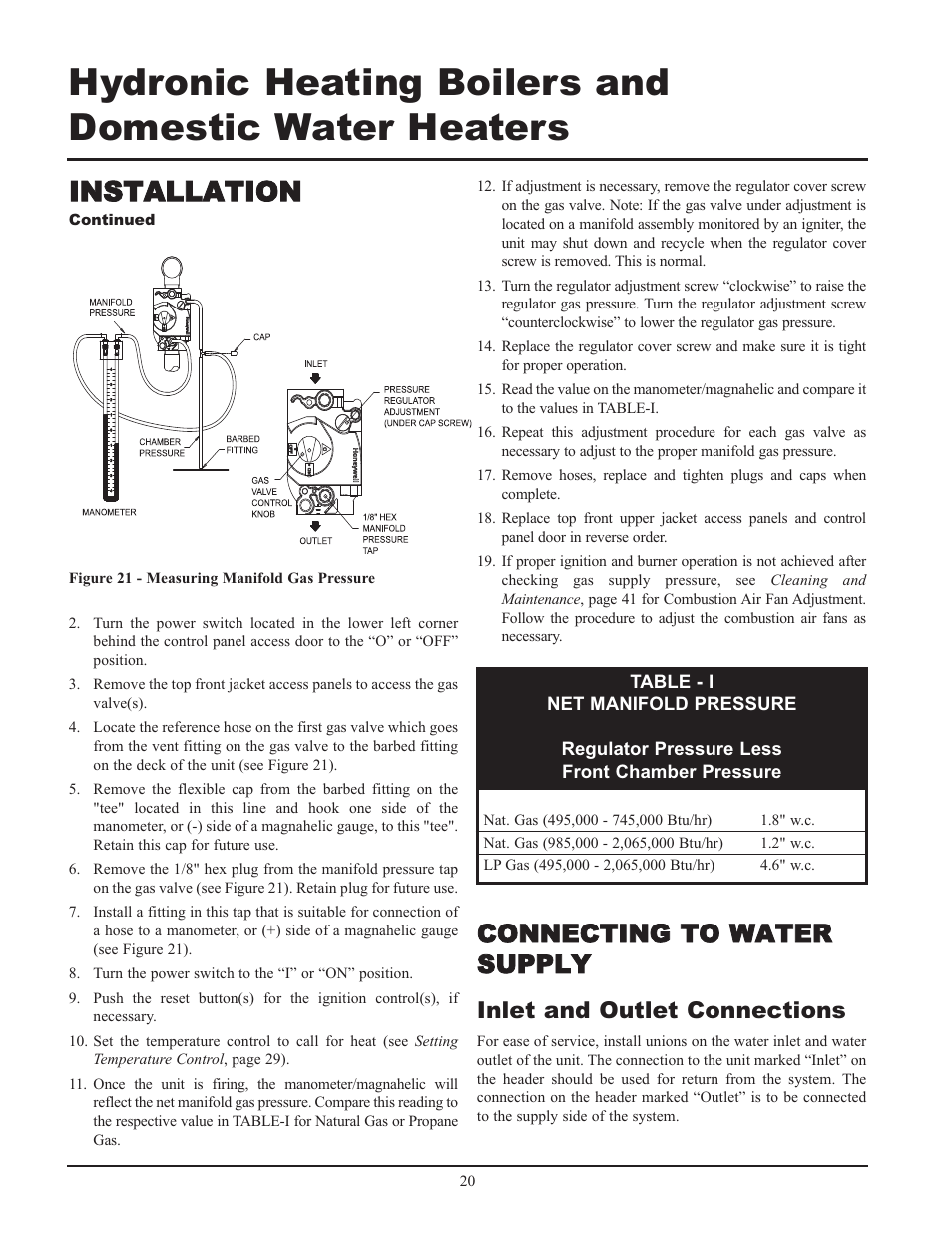 Installation, Connecting to water supply, Inlet and outlet connections | Lochinvar 000 - 2 User Manual | Page 20 / 52