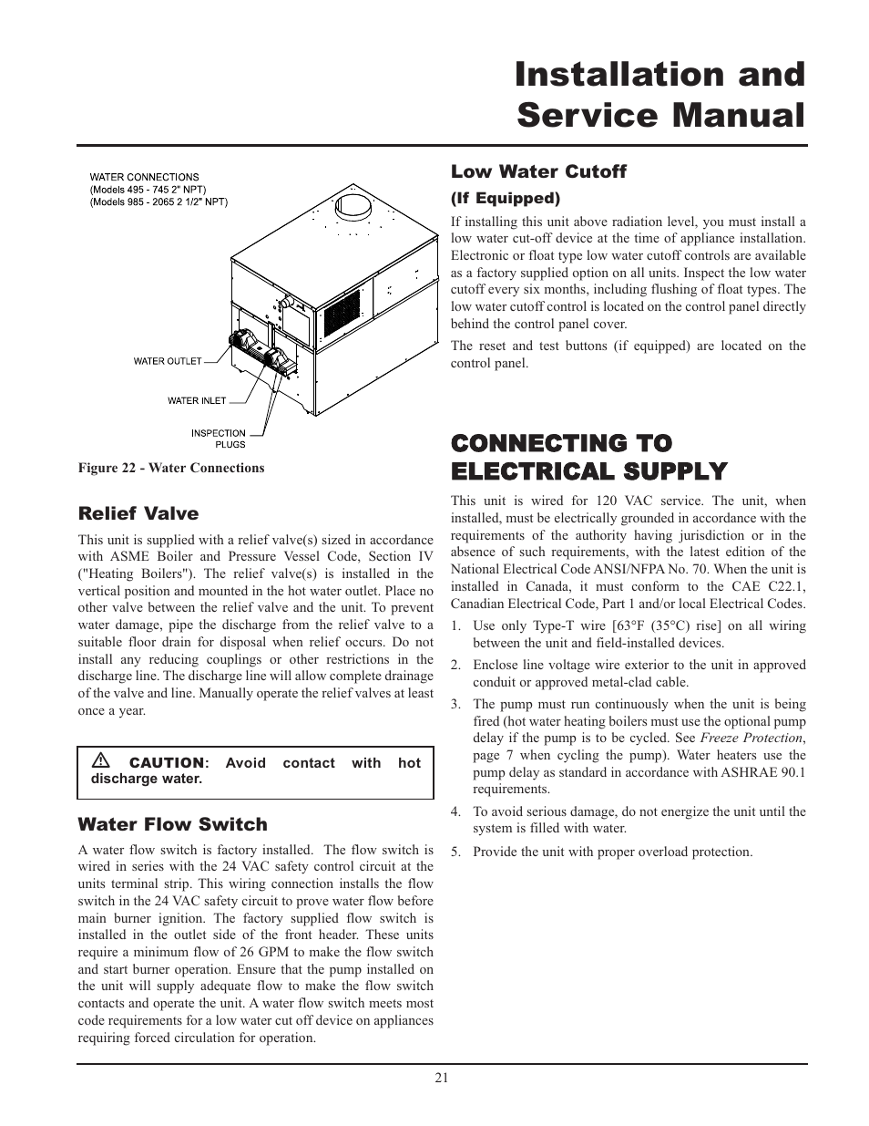 Installation and service manual, Connecting to electrical supply | Lochinvar 000 - 2 User Manual | Page 21 / 52