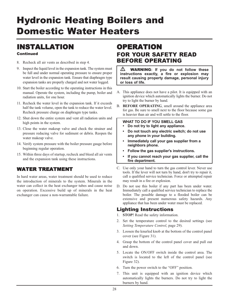 Installation, Operation, For your safety read before operating | Water treatment, Lighting instructions | Lochinvar 000 - 2 User Manual | Page 28 / 52