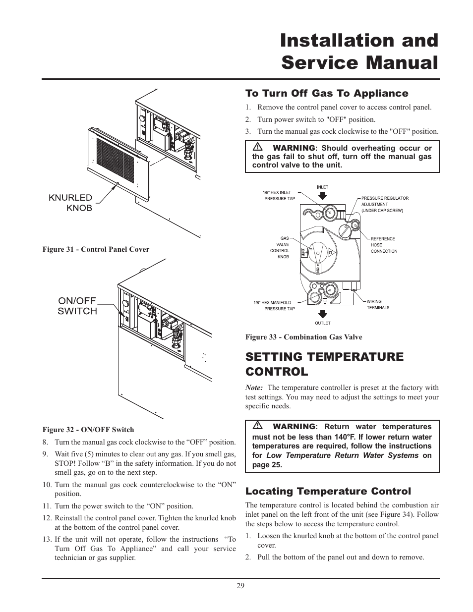 Installation and service manual, Setting temperature control, Locating temperature control | Lochinvar 000 - 2 User Manual | Page 29 / 52