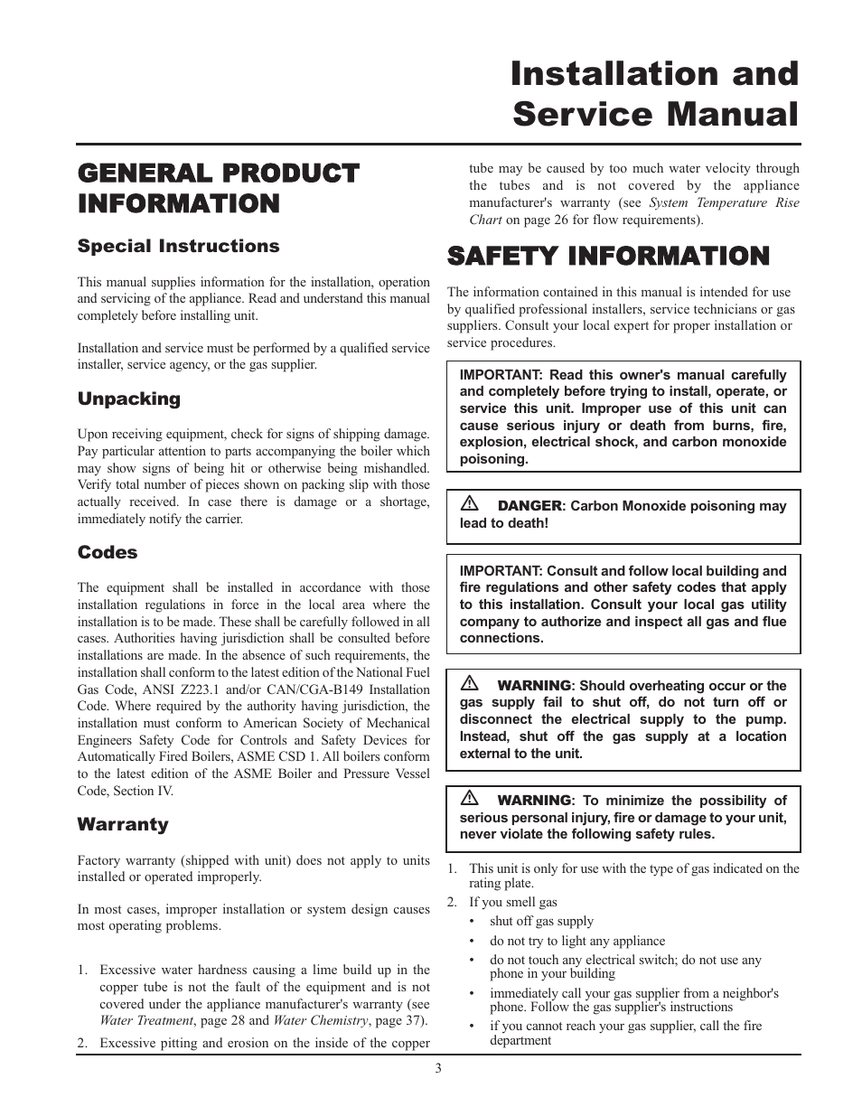 Installation and service manual, General product information, Safety information | Lochinvar 000 - 2 User Manual | Page 3 / 52