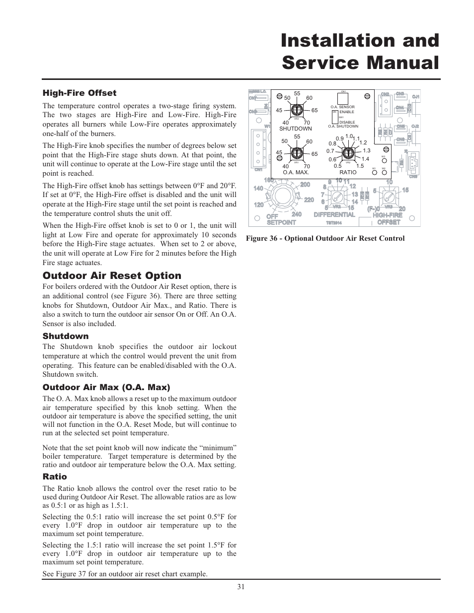 Installation and service manual, Outdoor air reset option, High-fire offset | Shutdown, Outdoor air max (o.a. max), Ratio | Lochinvar 000 - 2 User Manual | Page 31 / 52