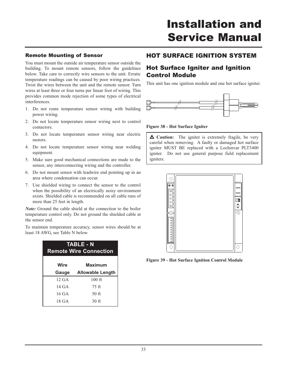 Installation and service manual, Table - n remote wire connection | Lochinvar 000 - 2 User Manual | Page 33 / 52