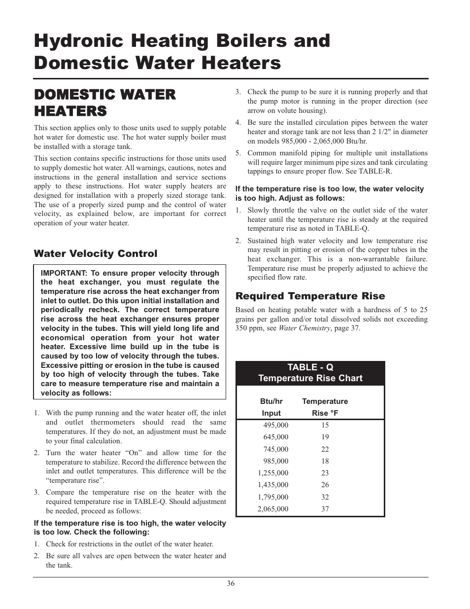 Domestic water heaters, Water velocity control, Required temperature rise | Lochinvar 000 - 2 User Manual | Page 36 / 52
