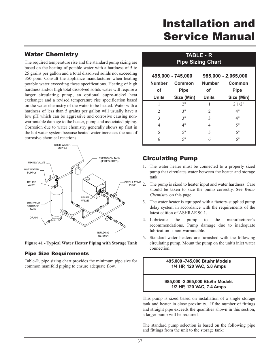 Installation and service manual, Water chemistry, Circulating pump | Table - r pipe sizing chart | Lochinvar 000 - 2 User Manual | Page 37 / 52