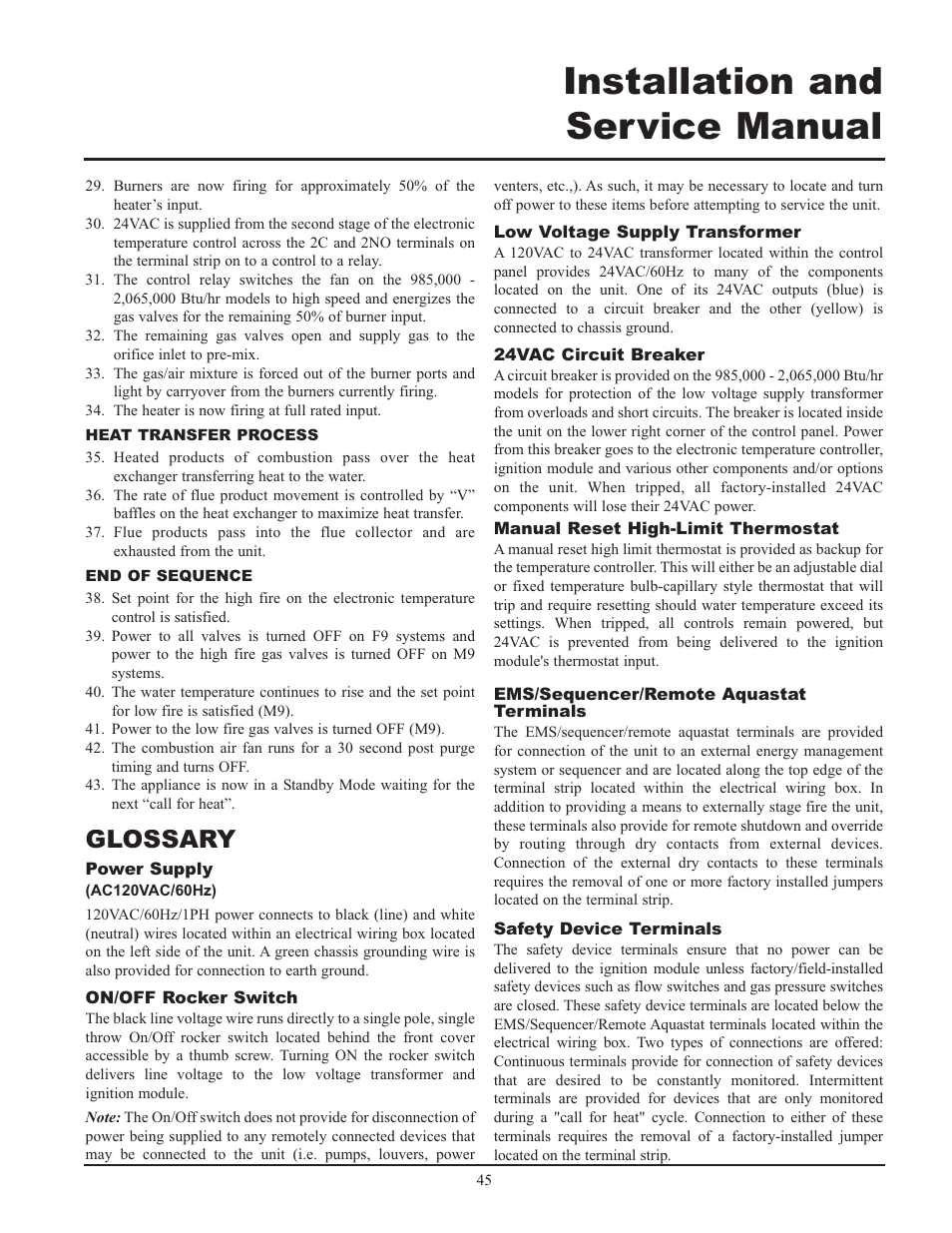 Installation and service manual, Glossary | Lochinvar 000 - 2 User Manual | Page 45 / 52