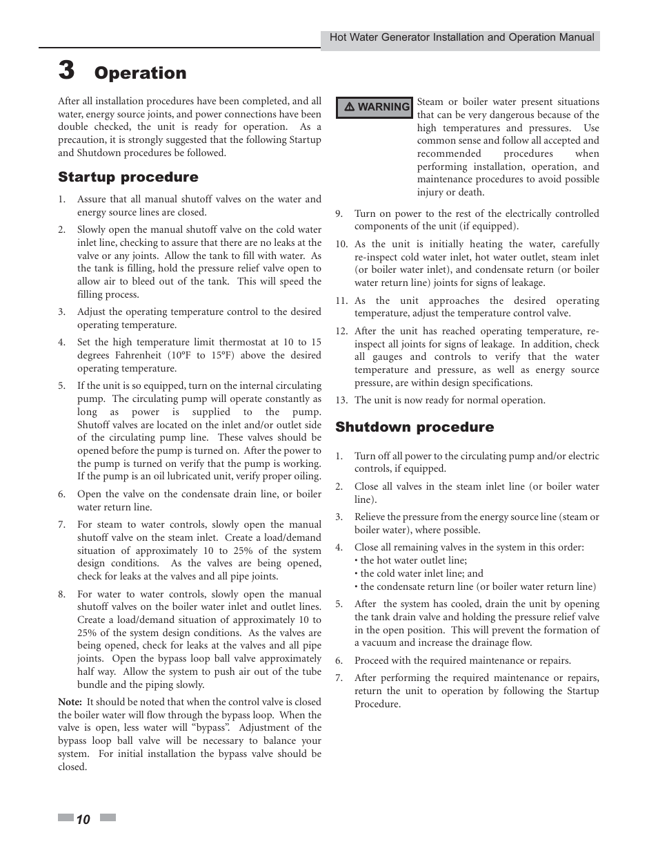 Operation, Startup procedure, Shutdown procedure | Lochinvar Hot Water Generator User Manual | Page 10 / 24