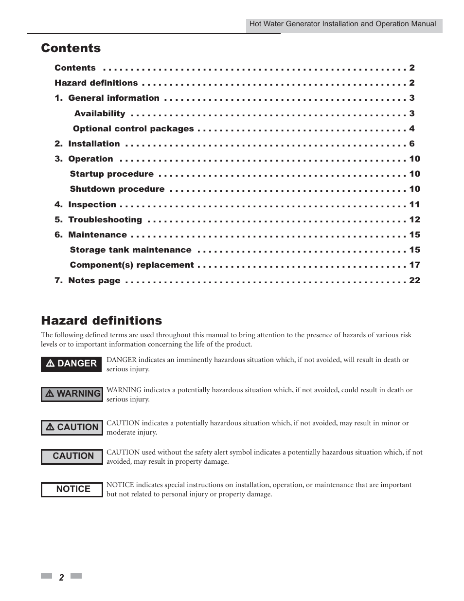 Contents hazard definitions | Lochinvar Hot Water Generator User Manual | Page 2 / 24