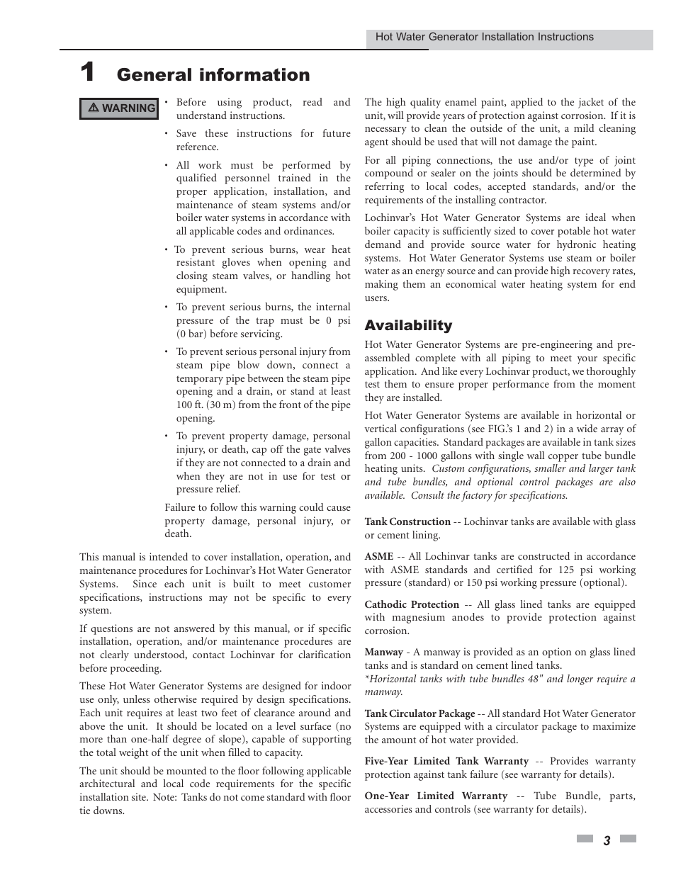 General information, Availability | Lochinvar Hot Water Generator User Manual | Page 3 / 24