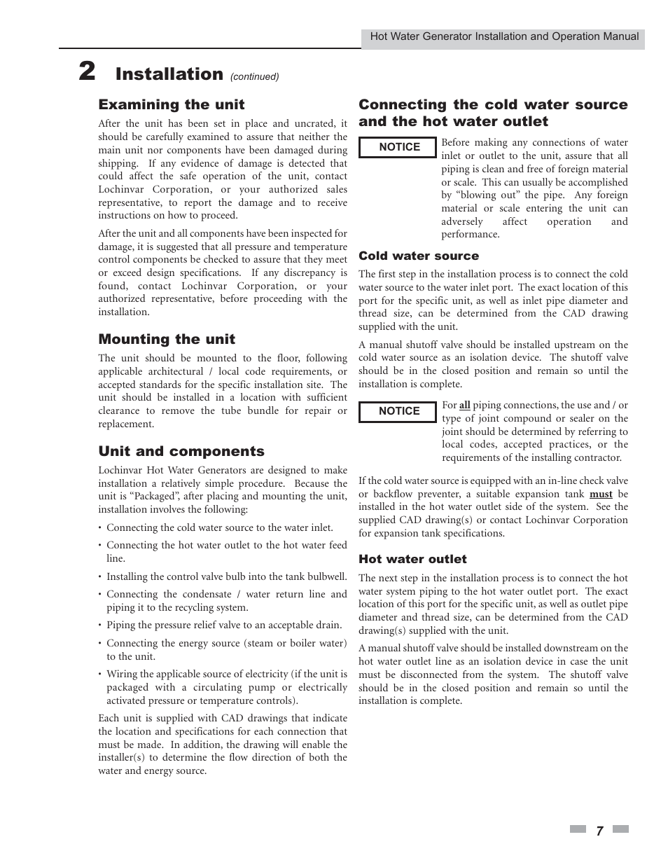 Installation | Lochinvar Hot Water Generator User Manual | Page 7 / 24