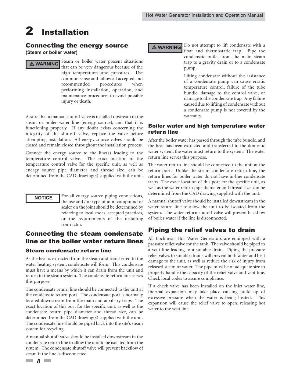 Installation, Connecting the energy source, Piping the relief valves to drain | Lochinvar Hot Water Generator User Manual | Page 8 / 24