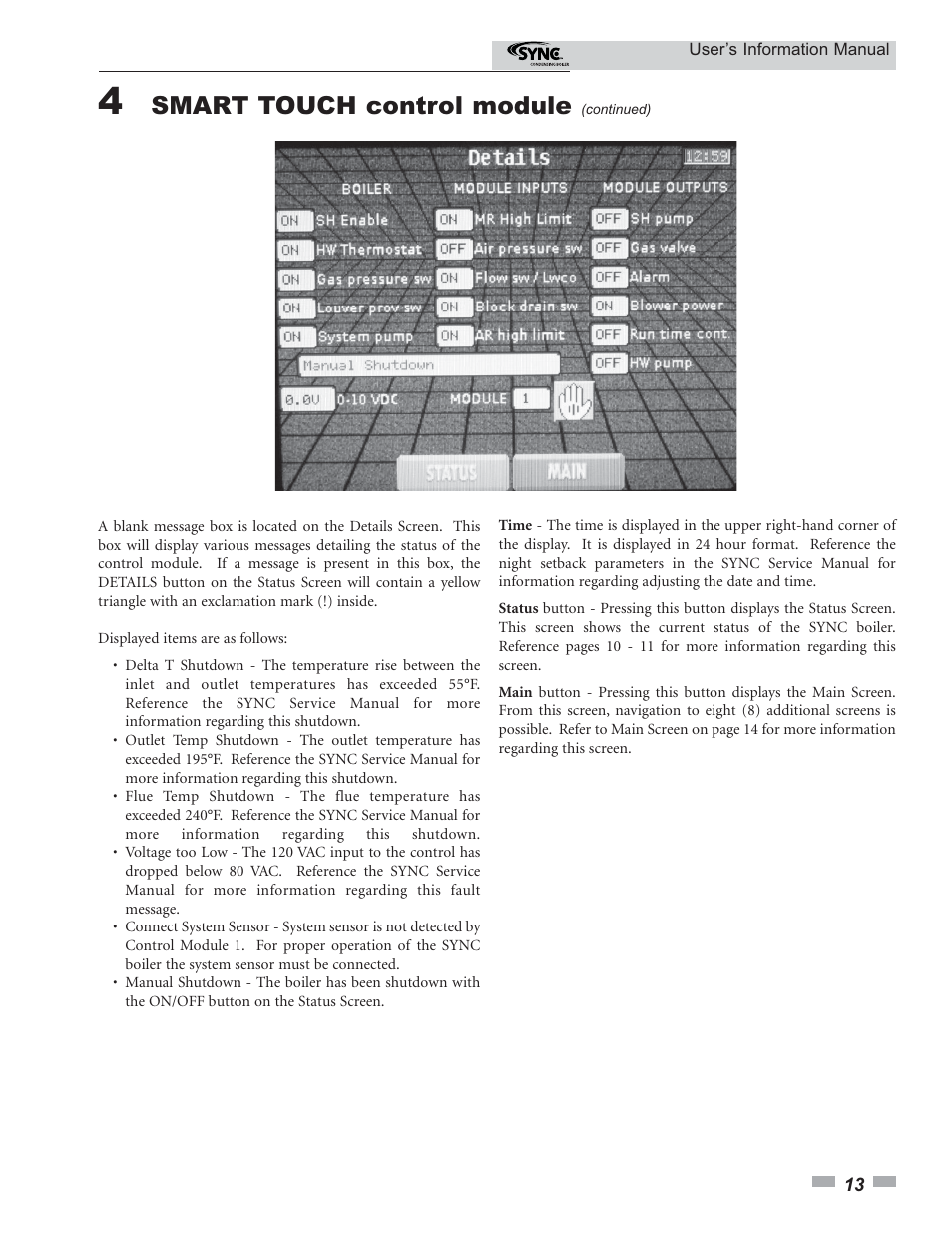 Smart touch control module | Lochinvar SYNO 1.5 User Manual | Page 13 / 16