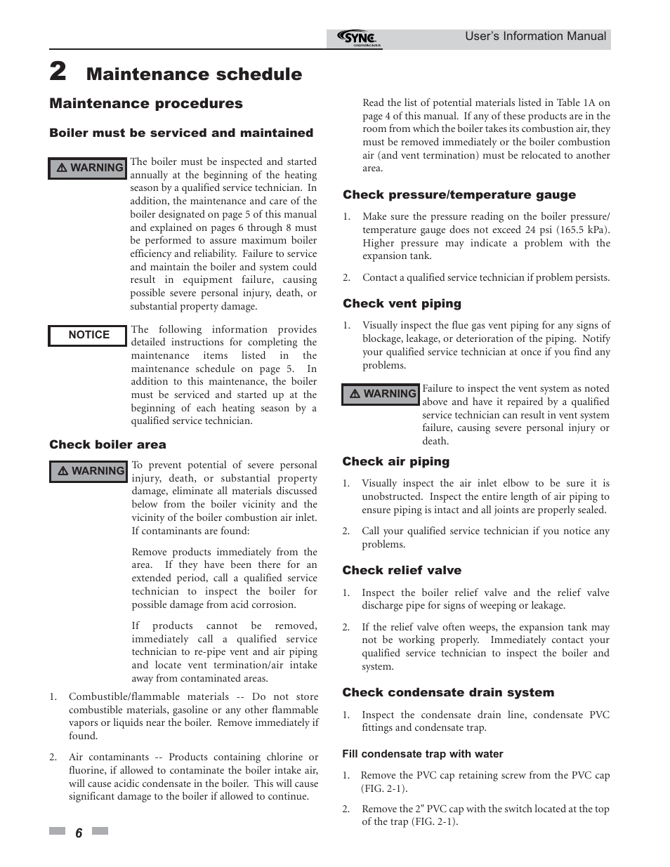 Maintenance schedule, Maintenance procedures | Lochinvar SYNO 1.5 User Manual | Page 6 / 16