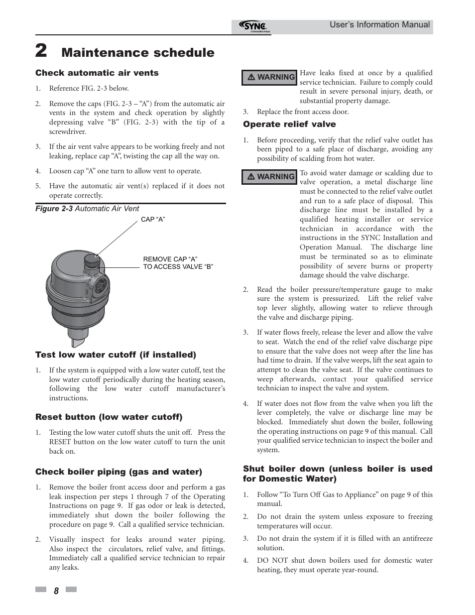 Maintenance schedule | Lochinvar SYNO 1.5 User Manual | Page 8 / 16