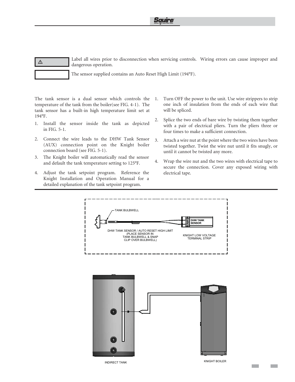 Wiring, Indirect water heater sensor setup (knight boiler) | Lochinvar SQUIRE SIT119 User Manual | Page 15 / 24