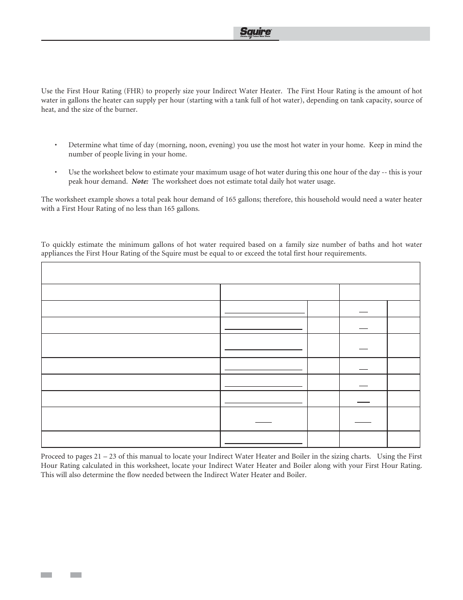 Peak hour demand worksheet, Performance data, Description fill in the blank example | How to properly size your indirect water heater | Lochinvar SQUIRE SIT119 User Manual | Page 20 / 24