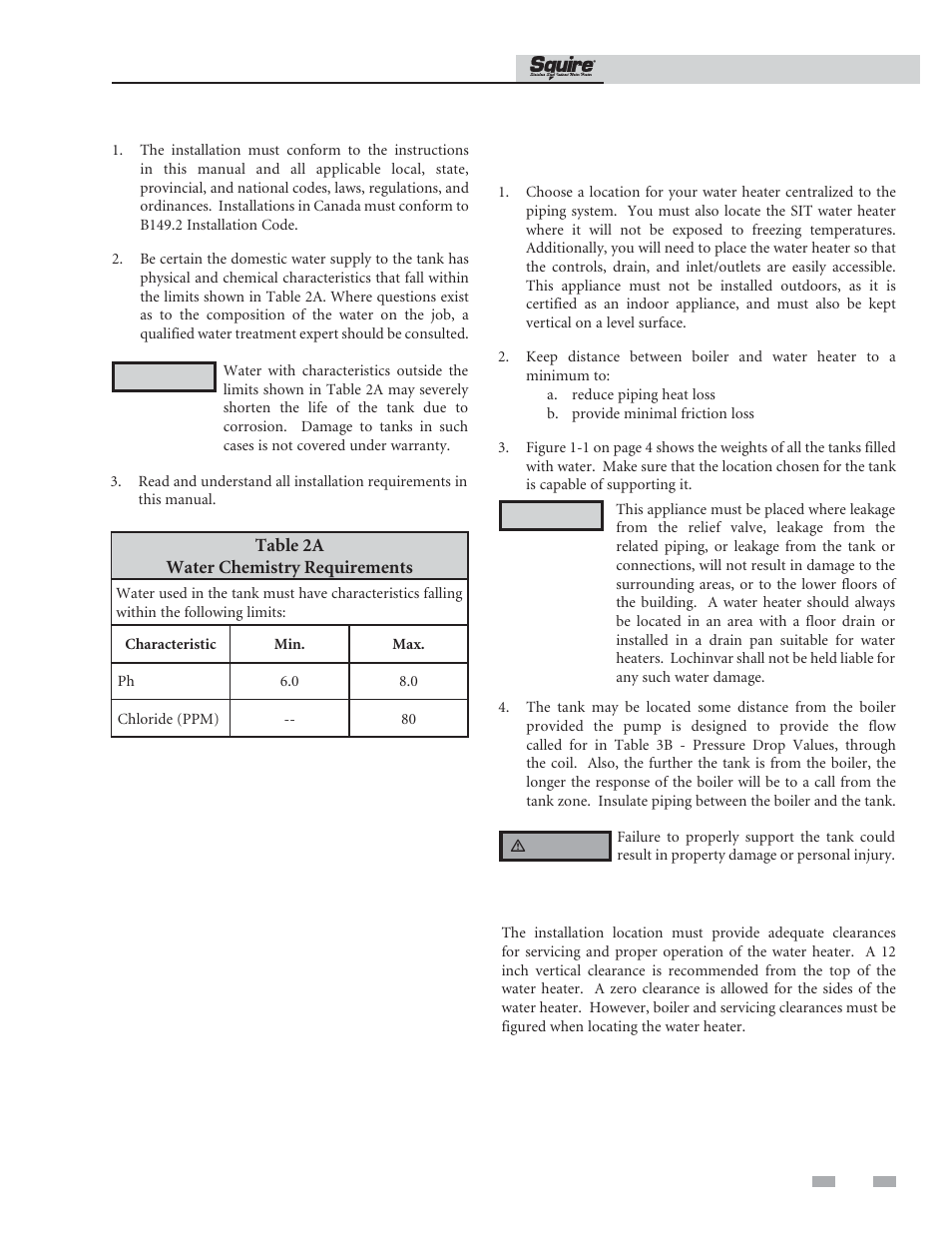 Pre-installation, Locating the tank, Recommended clearances | Lochinvar SQUIRE SIT119 User Manual | Page 5 / 24