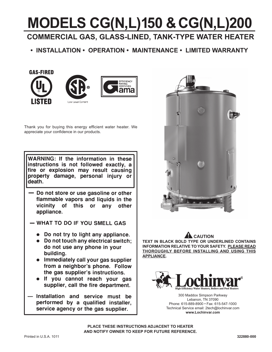 Lochinvar Commercial Gas Glass Lined Tanke Type Water Heater CG150 User Manual | 28 pages