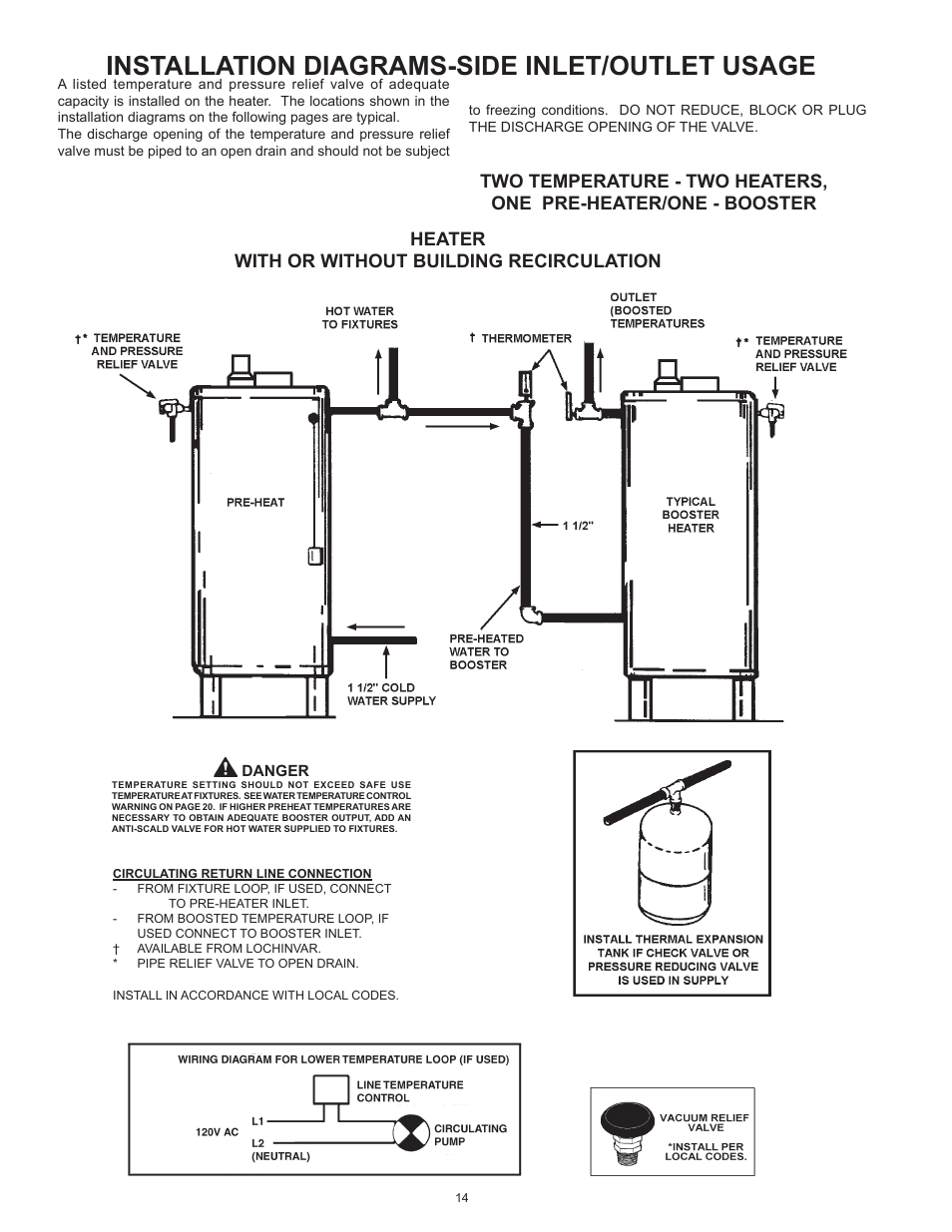 Installation diagrams-side inlet/outlet usage, Heater with or without building recirculation | Lochinvar Commercial Gas Glass Lined Tanke Type Water Heater CG150 User Manual | Page 14 / 28