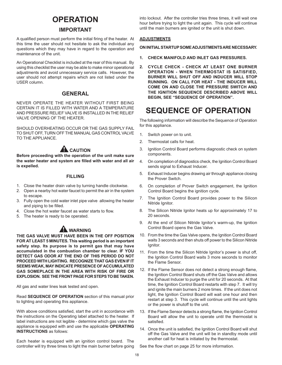 Operation, Sequence of operation, Important | General | Lochinvar Commercial Gas Glass Lined Tanke Type Water Heater CG150 User Manual | Page 18 / 28