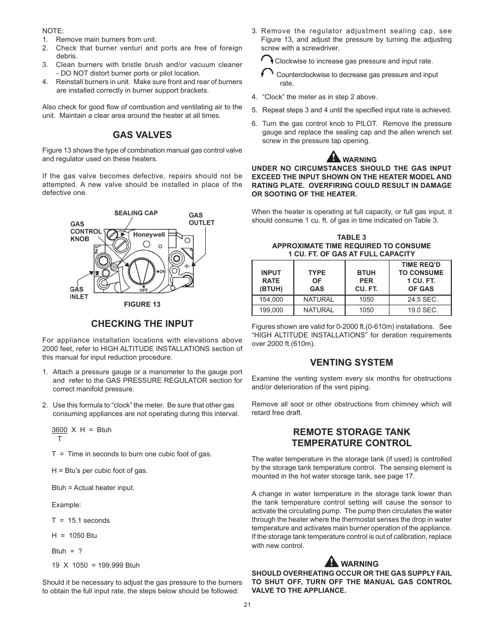 Gas valves, Checking the input, Venting system | Remote storage tank temperature control | Lochinvar Commercial Gas Glass Lined Tanke Type Water Heater CG150 User Manual | Page 21 / 28