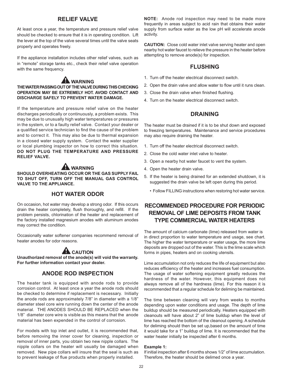 Relief valve, Hot water odor, Anode rod inspection | Flushing, Draining | Lochinvar Commercial Gas Glass Lined Tanke Type Water Heater CG150 User Manual | Page 22 / 28