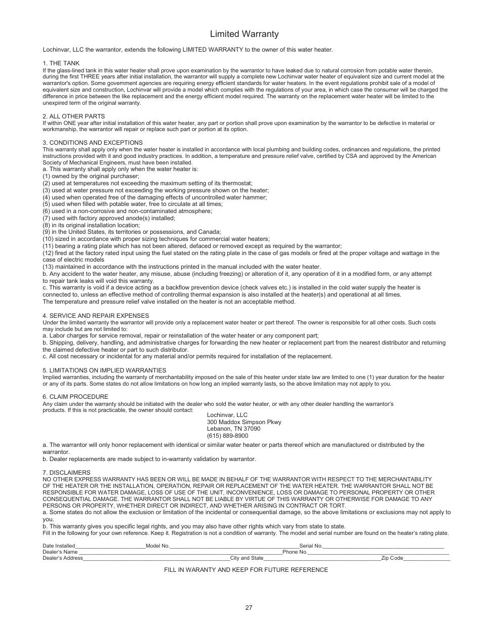 Limited warranty | Lochinvar Commercial Gas Glass Lined Tanke Type Water Heater CG150 User Manual | Page 27 / 28