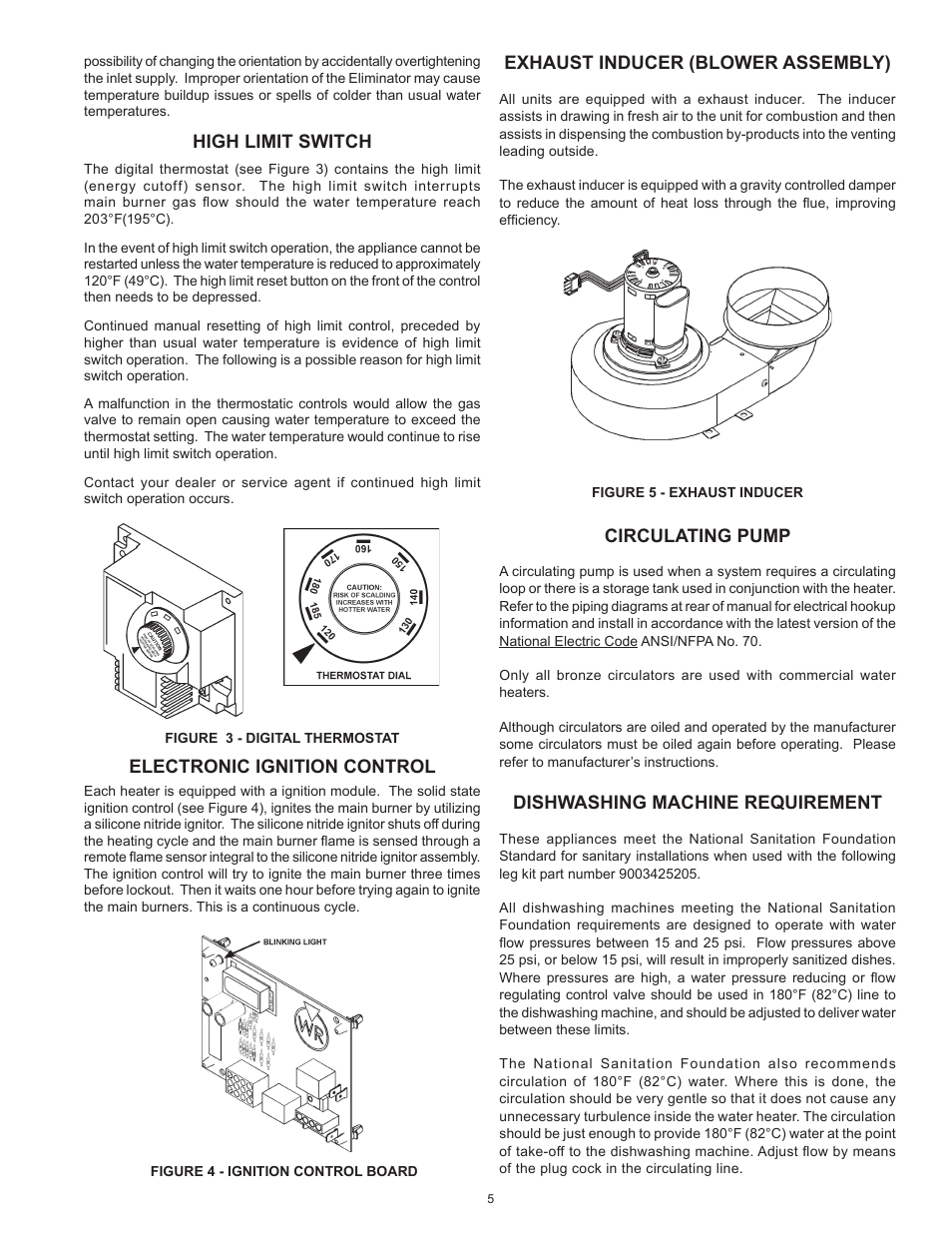 High limit switch, Electronic ignition control, Exhaust inducer (blower assembly) | Circulating pump, Dishwashing machine requirement | Lochinvar Commercial Gas Glass Lined Tanke Type Water Heater CG150 User Manual | Page 5 / 28