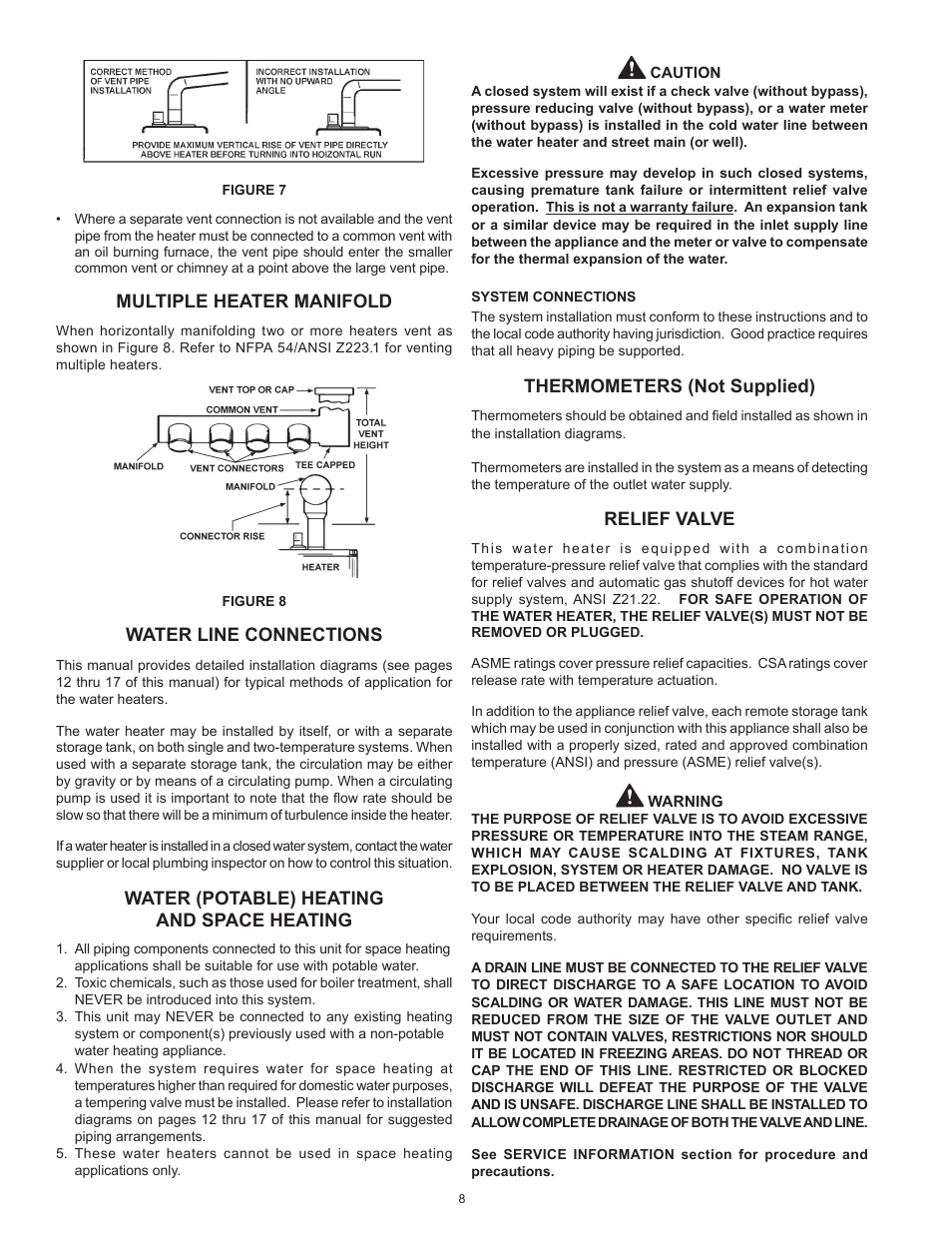 Multiple heater manifold, Water line connections, Water (potable) heating and space heating | Thermometers (not supplied), Relief valve | Lochinvar Commercial Gas Glass Lined Tanke Type Water Heater CG150 User Manual | Page 8 / 28