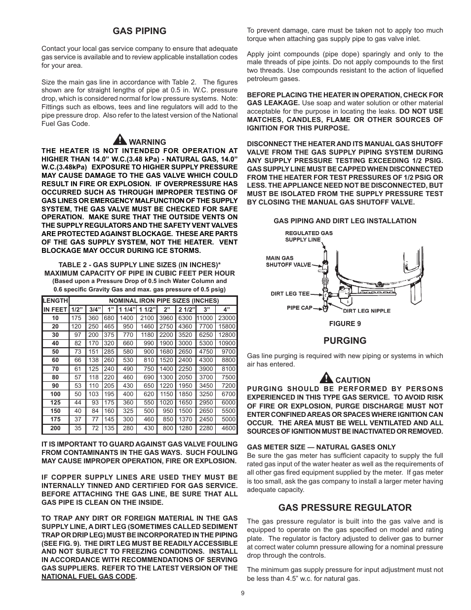 Gas piping, Purging, Gas pressure regulator | Lochinvar Commercial Gas Glass Lined Tanke Type Water Heater CG150 User Manual | Page 9 / 28