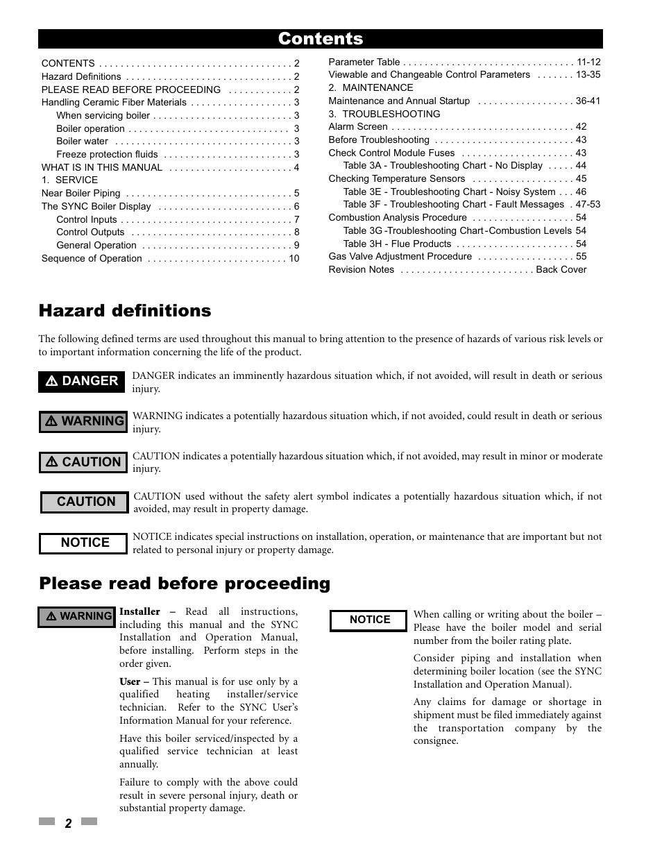Hazard definitions, Contents please read before proceeding | Lochinvar 1.3 User Manual | Page 2 / 56