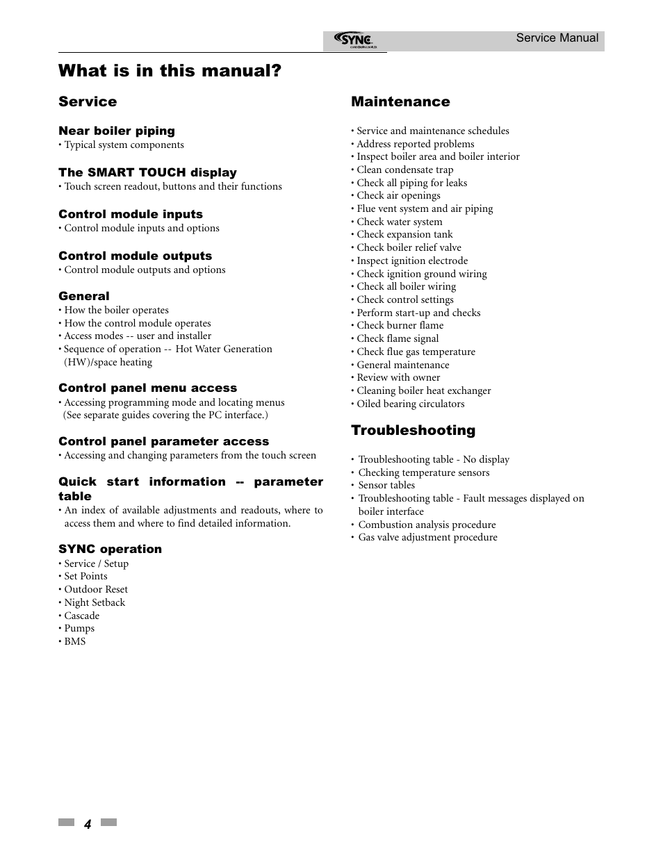 What is in this manual, Service, Maintenance | Troubleshooting | Lochinvar 1.3 User Manual | Page 4 / 56