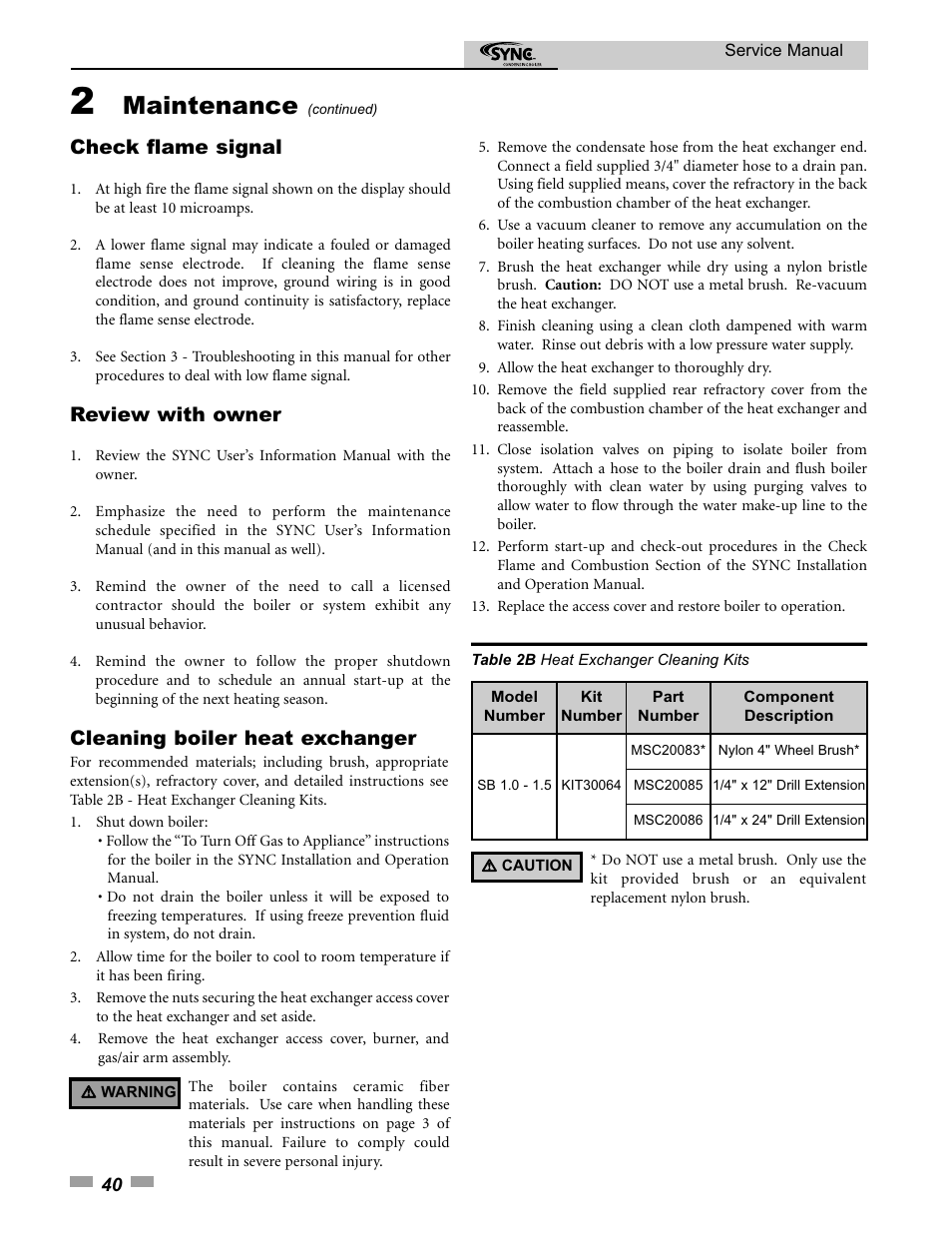 Maintenance, Check flame signal, Review with owner | Cleaning boiler heat exchanger | Lochinvar 1.3 User Manual | Page 40 / 56