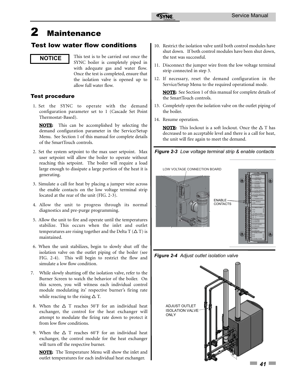 Maintenance, Test low water flow conditions, Notice | Service manual, Test procedure | Lochinvar 1.3 User Manual | Page 41 / 56