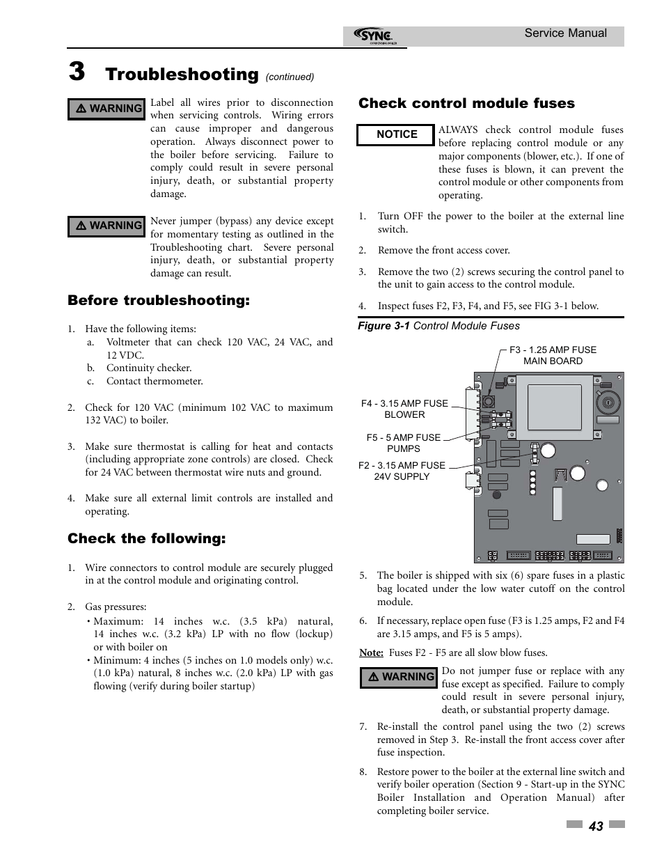 Troubleshooting, Before troubleshooting, Check the following | Check control module fuses | Lochinvar 1.3 User Manual | Page 43 / 56