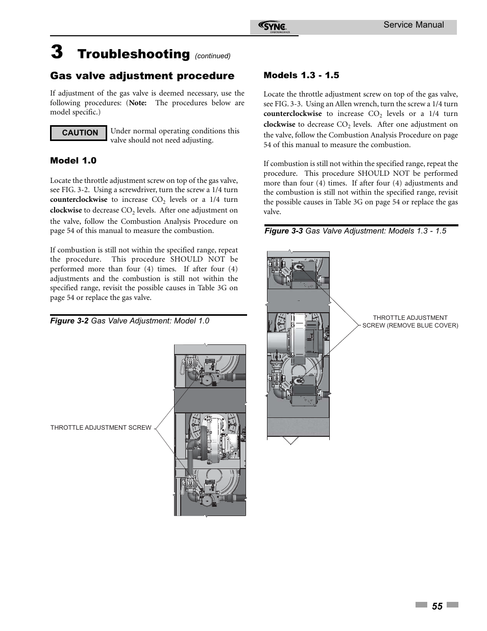 Troubleshooting, Gas valve adjustment procedure | Lochinvar 1.3 User Manual | Page 55 / 56